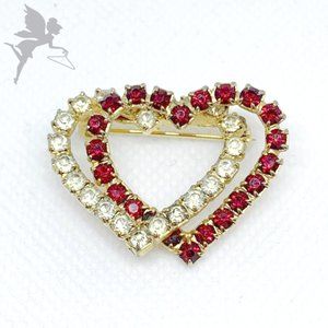 VINTAGE 1960's Double Heart Rhinestone Pin